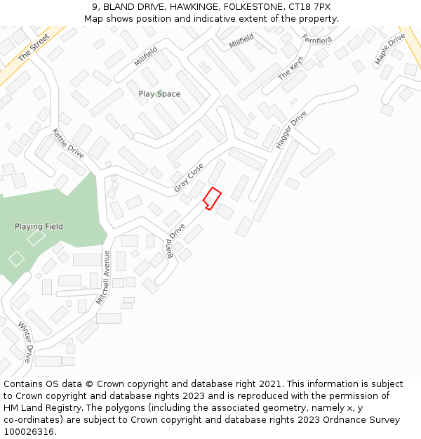 9, BLAND DRIVE, HAWKINGE, FOLKESTONE, CT18 7PX: Location map and indicative extent of plot