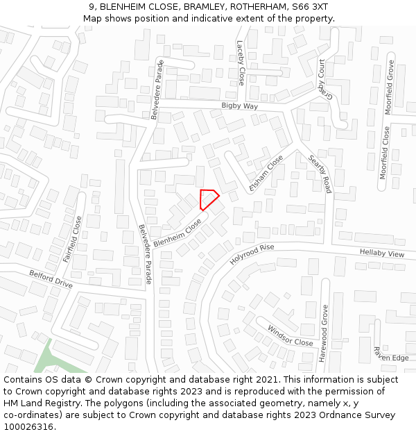 9, BLENHEIM CLOSE, BRAMLEY, ROTHERHAM, S66 3XT: Location map and indicative extent of plot