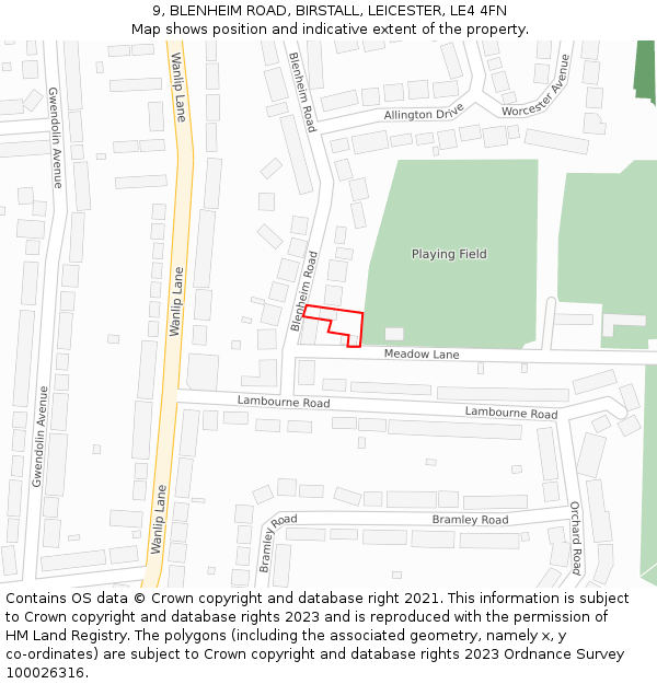 9, BLENHEIM ROAD, BIRSTALL, LEICESTER, LE4 4FN: Location map and indicative extent of plot