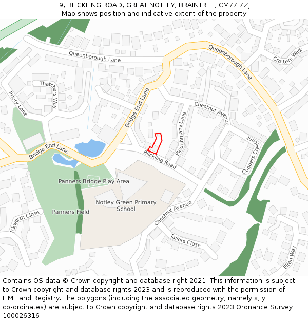 9, BLICKLING ROAD, GREAT NOTLEY, BRAINTREE, CM77 7ZJ: Location map and indicative extent of plot