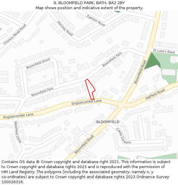 9, BLOOMFIELD PARK, BATH, BA2 2BY: Location map and indicative extent of plot