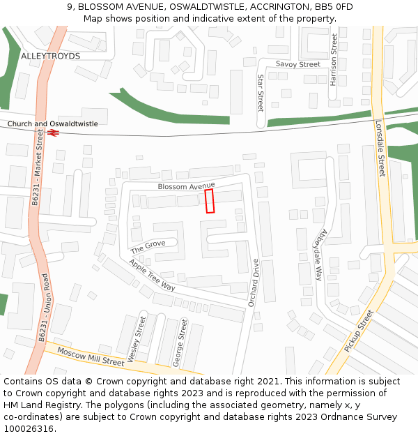 9, BLOSSOM AVENUE, OSWALDTWISTLE, ACCRINGTON, BB5 0FD: Location map and indicative extent of plot