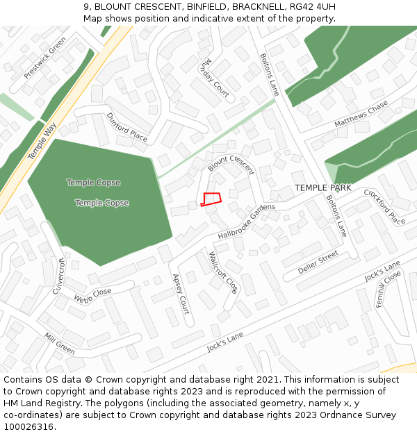 9, BLOUNT CRESCENT, BINFIELD, BRACKNELL, RG42 4UH: Location map and indicative extent of plot