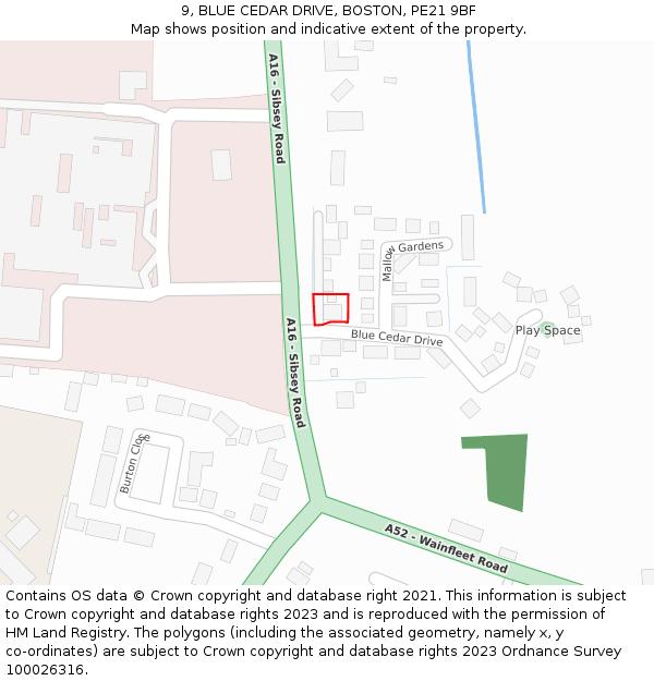 9, BLUE CEDAR DRIVE, BOSTON, PE21 9BF: Location map and indicative extent of plot