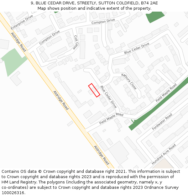 9, BLUE CEDAR DRIVE, STREETLY, SUTTON COLDFIELD, B74 2AE: Location map and indicative extent of plot