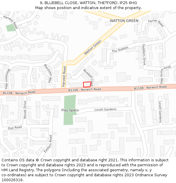 9, BLUEBELL CLOSE, WATTON, THETFORD, IP25 6HG: Location map and indicative extent of plot