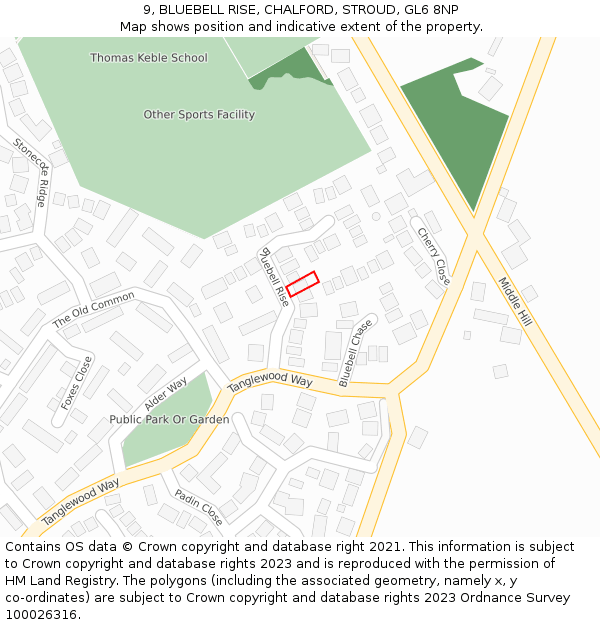 9, BLUEBELL RISE, CHALFORD, STROUD, GL6 8NP: Location map and indicative extent of plot