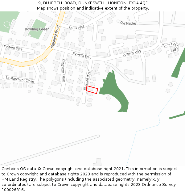 9, BLUEBELL ROAD, DUNKESWELL, HONITON, EX14 4QF: Location map and indicative extent of plot