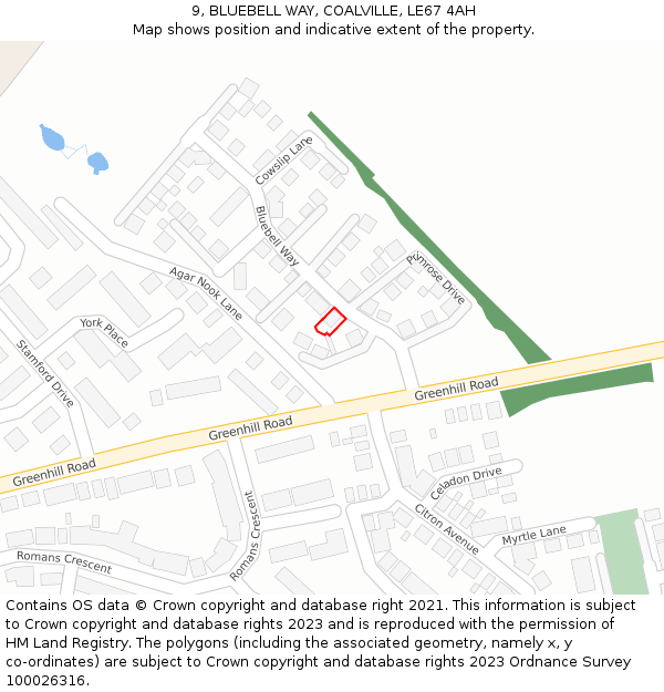 9, BLUEBELL WAY, COALVILLE, LE67 4AH: Location map and indicative extent of plot