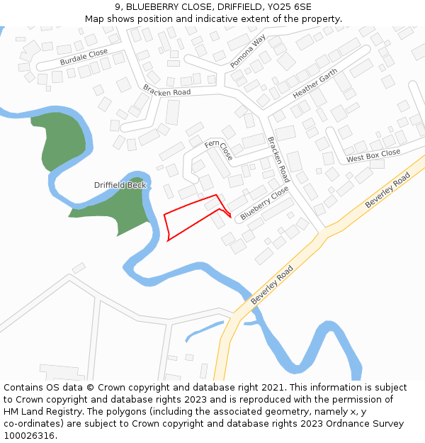 9, BLUEBERRY CLOSE, DRIFFIELD, YO25 6SE: Location map and indicative extent of plot