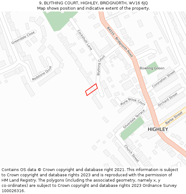 9, BLYTHING COURT, HIGHLEY, BRIDGNORTH, WV16 6JQ: Location map and indicative extent of plot