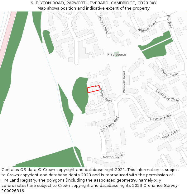 9, BLYTON ROAD, PAPWORTH EVERARD, CAMBRIDGE, CB23 3XY: Location map and indicative extent of plot