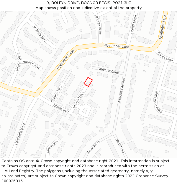 9, BOLEYN DRIVE, BOGNOR REGIS, PO21 3LG: Location map and indicative extent of plot