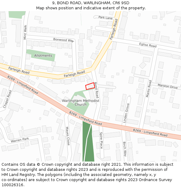 9, BOND ROAD, WARLINGHAM, CR6 9SD: Location map and indicative extent of plot