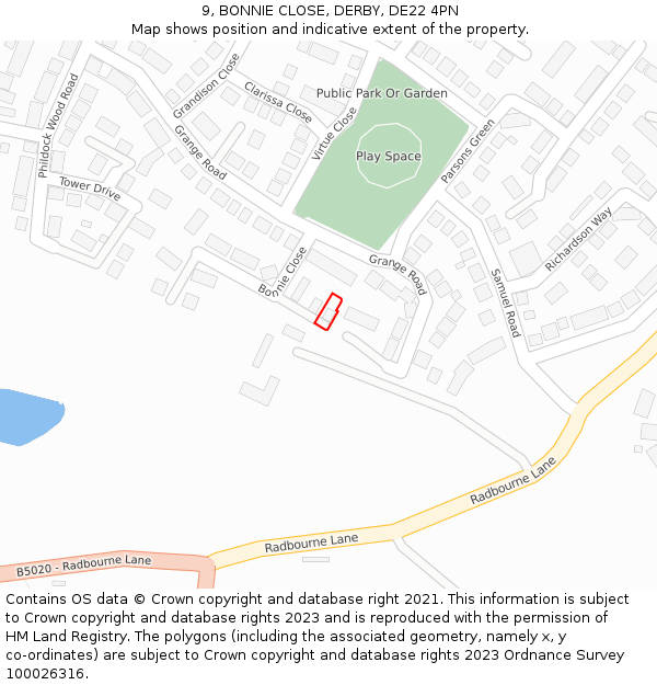 9, BONNIE CLOSE, DERBY, DE22 4PN: Location map and indicative extent of plot