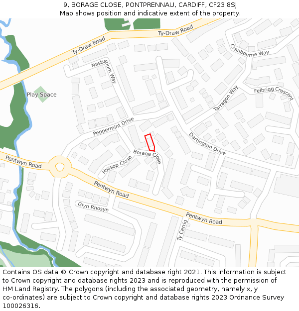 9, BORAGE CLOSE, PONTPRENNAU, CARDIFF, CF23 8SJ: Location map and indicative extent of plot