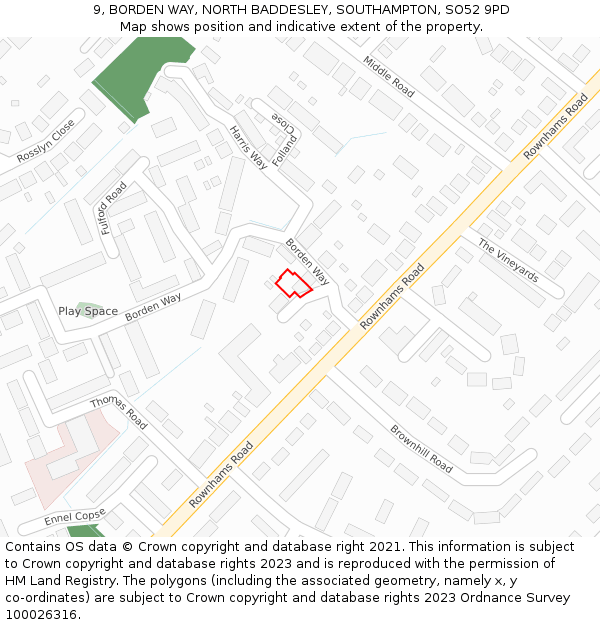 9, BORDEN WAY, NORTH BADDESLEY, SOUTHAMPTON, SO52 9PD: Location map and indicative extent of plot