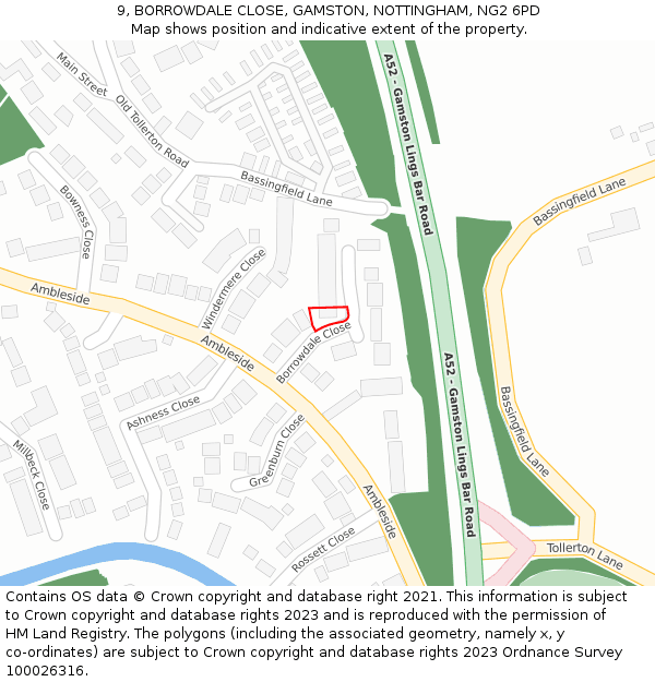 9, BORROWDALE CLOSE, GAMSTON, NOTTINGHAM, NG2 6PD: Location map and indicative extent of plot