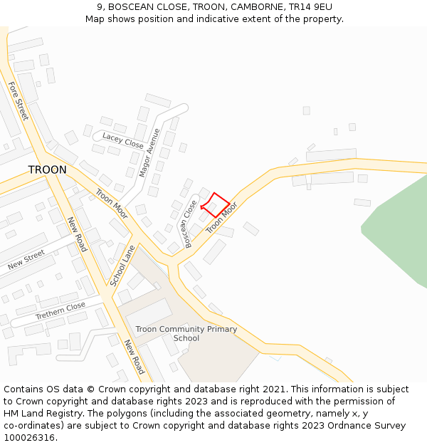 9, BOSCEAN CLOSE, TROON, CAMBORNE, TR14 9EU: Location map and indicative extent of plot