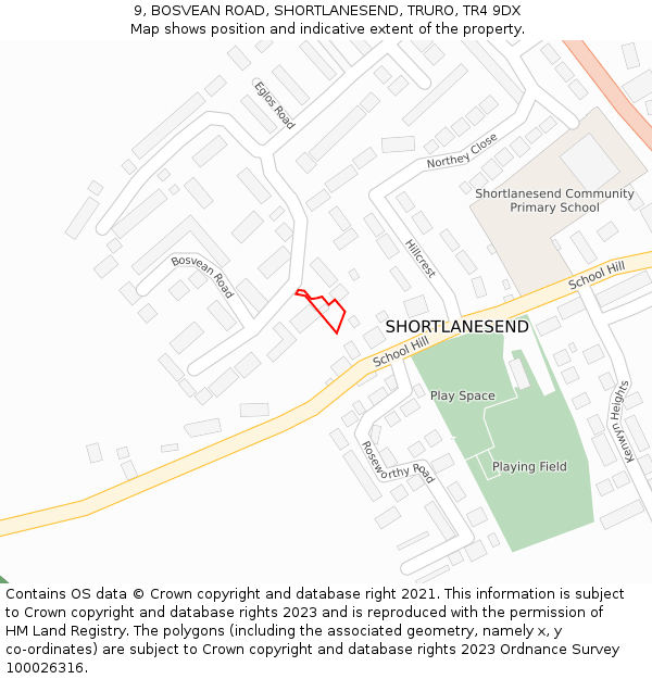 9, BOSVEAN ROAD, SHORTLANESEND, TRURO, TR4 9DX: Location map and indicative extent of plot