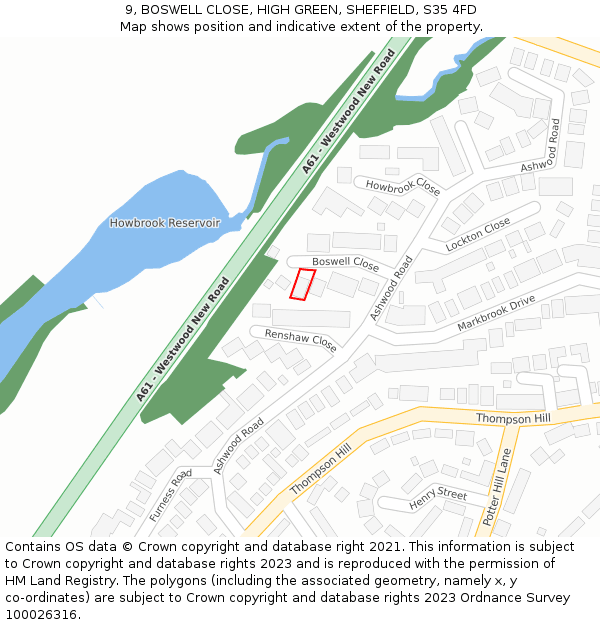 9, BOSWELL CLOSE, HIGH GREEN, SHEFFIELD, S35 4FD: Location map and indicative extent of plot