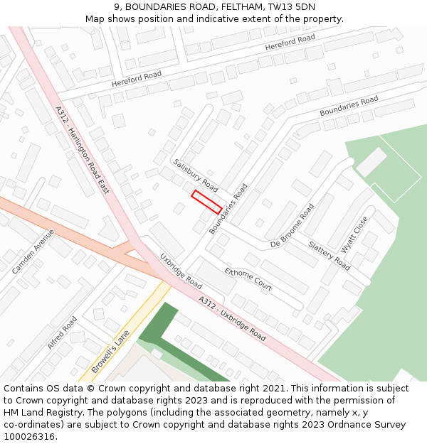 9, BOUNDARIES ROAD, FELTHAM, TW13 5DN: Location map and indicative extent of plot