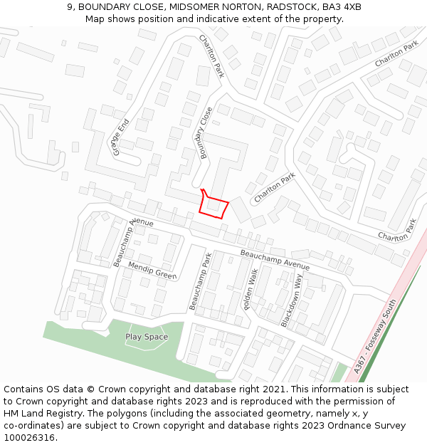 9, BOUNDARY CLOSE, MIDSOMER NORTON, RADSTOCK, BA3 4XB: Location map and indicative extent of plot