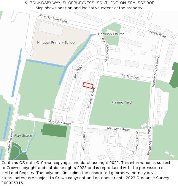 9, BOUNDARY WAY, SHOEBURYNESS, SOUTHEND-ON-SEA, SS3 9QF: Location map and indicative extent of plot