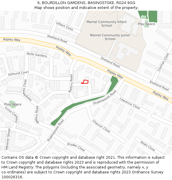9, BOURDILLON GARDENS, BASINGSTOKE, RG24 9GG: Location map and indicative extent of plot