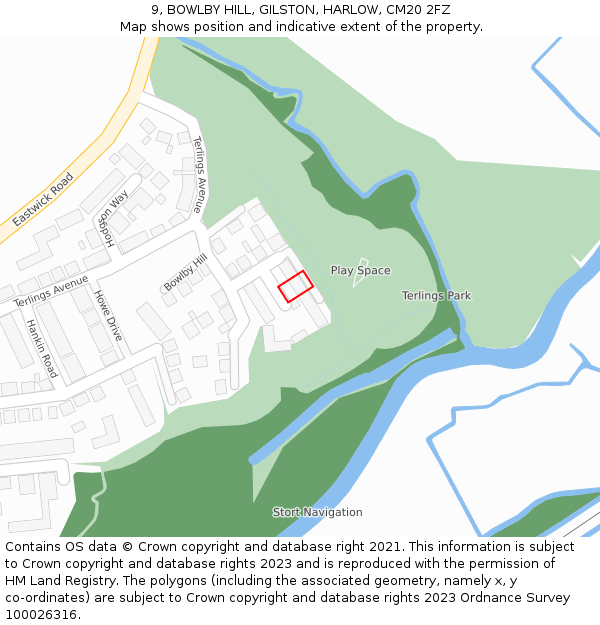 9, BOWLBY HILL, GILSTON, HARLOW, CM20 2FZ: Location map and indicative extent of plot