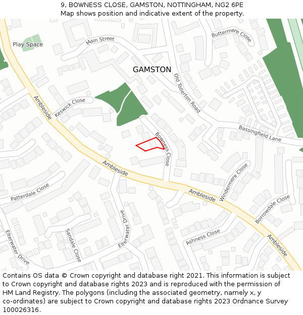 9, BOWNESS CLOSE, GAMSTON, NOTTINGHAM, NG2 6PE: Location map and indicative extent of plot