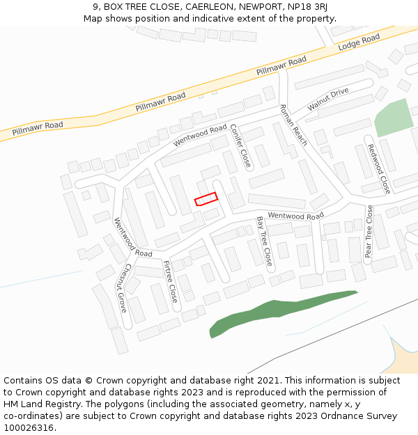 9, BOX TREE CLOSE, CAERLEON, NEWPORT, NP18 3RJ: Location map and indicative extent of plot