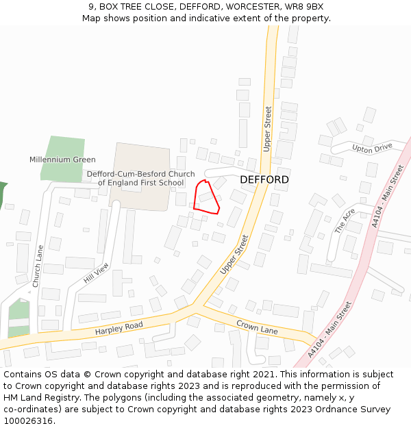 9, BOX TREE CLOSE, DEFFORD, WORCESTER, WR8 9BX: Location map and indicative extent of plot