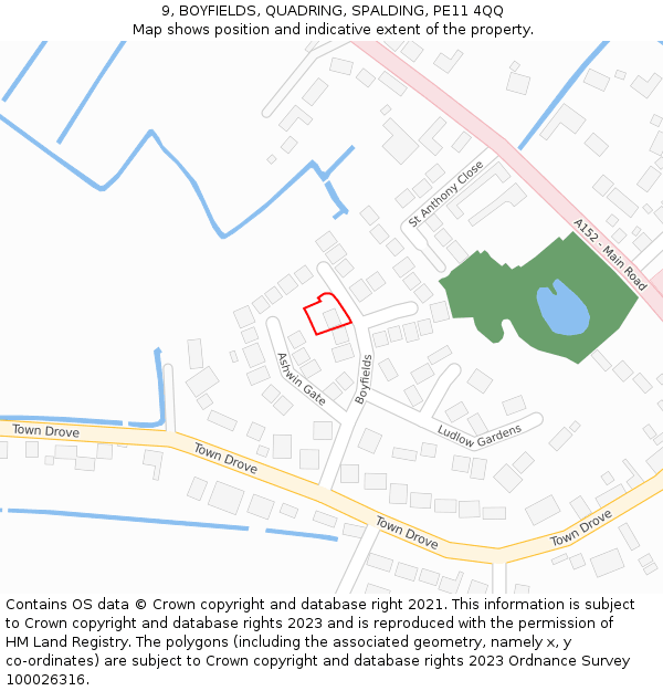 9, BOYFIELDS, QUADRING, SPALDING, PE11 4QQ: Location map and indicative extent of plot