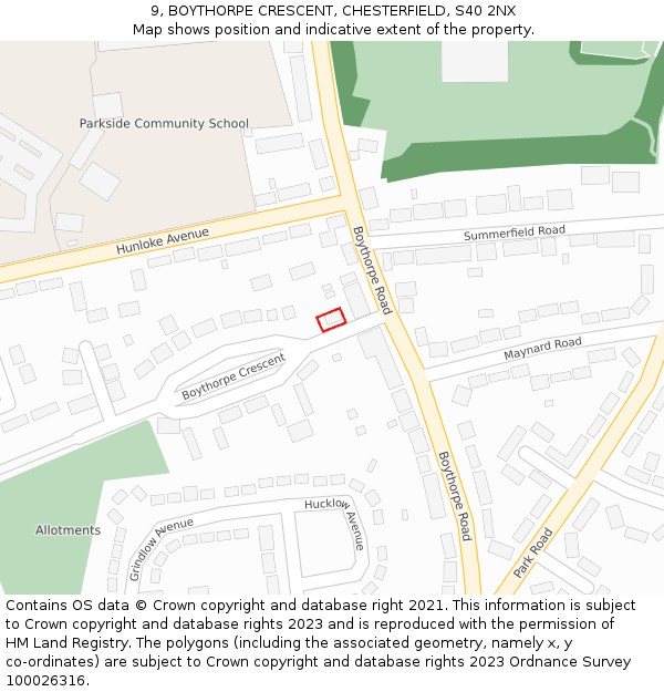 9, BOYTHORPE CRESCENT, CHESTERFIELD, S40 2NX: Location map and indicative extent of plot