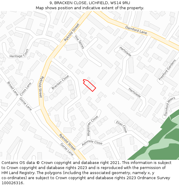 9, BRACKEN CLOSE, LICHFIELD, WS14 9RU: Location map and indicative extent of plot