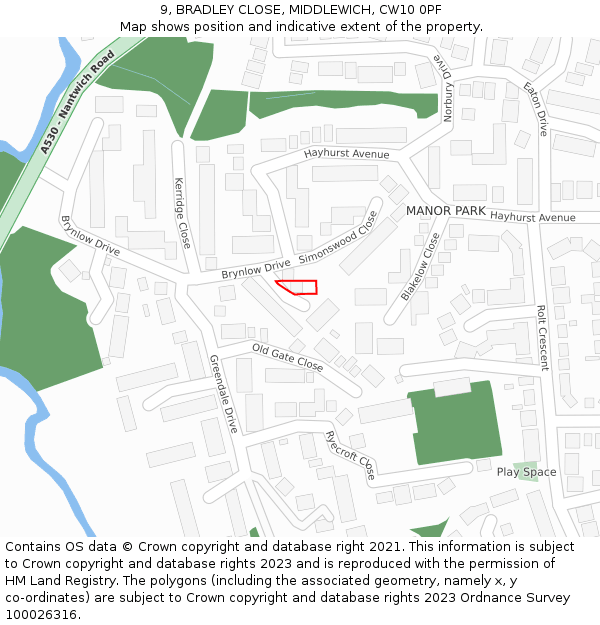 9, BRADLEY CLOSE, MIDDLEWICH, CW10 0PF: Location map and indicative extent of plot