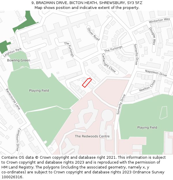 9, BRADMAN DRIVE, BICTON HEATH, SHREWSBURY, SY3 5FZ: Location map and indicative extent of plot