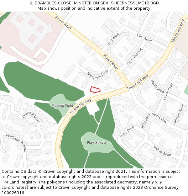 9, BRAMBLES CLOSE, MINSTER ON SEA, SHEERNESS, ME12 3GD: Location map and indicative extent of plot
