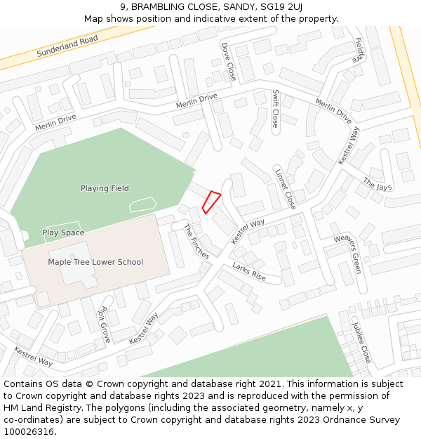 9, BRAMBLING CLOSE, SANDY, SG19 2UJ: Location map and indicative extent of plot