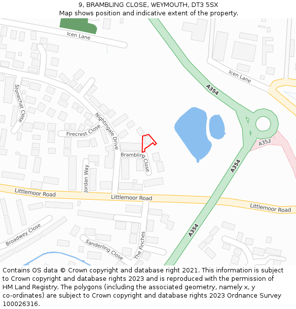 9, BRAMBLING CLOSE, WEYMOUTH, DT3 5SX: Location map and indicative extent of plot