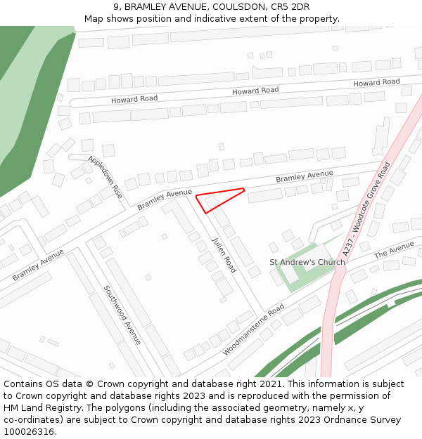 9, BRAMLEY AVENUE, COULSDON, CR5 2DR: Location map and indicative extent of plot