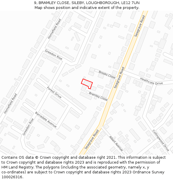 9, BRAMLEY CLOSE, SILEBY, LOUGHBOROUGH, LE12 7UN: Location map and indicative extent of plot