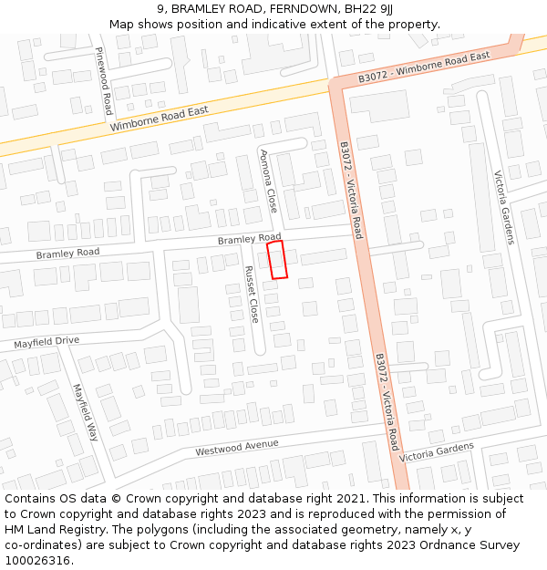 9, BRAMLEY ROAD, FERNDOWN, BH22 9JJ: Location map and indicative extent of plot