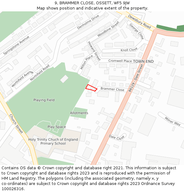 9, BRAMMER CLOSE, OSSETT, WF5 9JW: Location map and indicative extent of plot