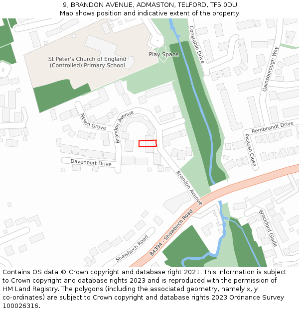 9, BRANDON AVENUE, ADMASTON, TELFORD, TF5 0DU: Location map and indicative extent of plot