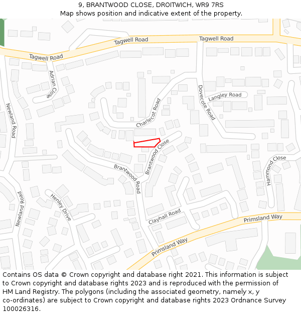 9, BRANTWOOD CLOSE, DROITWICH, WR9 7RS: Location map and indicative extent of plot