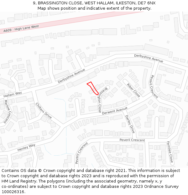 9, BRASSINGTON CLOSE, WEST HALLAM, ILKESTON, DE7 6NX: Location map and indicative extent of plot