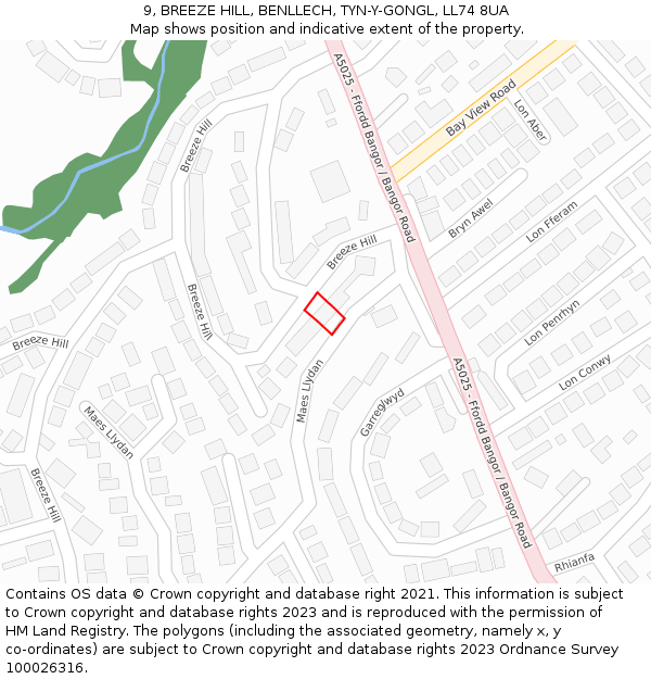 9, BREEZE HILL, BENLLECH, TYN-Y-GONGL, LL74 8UA: Location map and indicative extent of plot