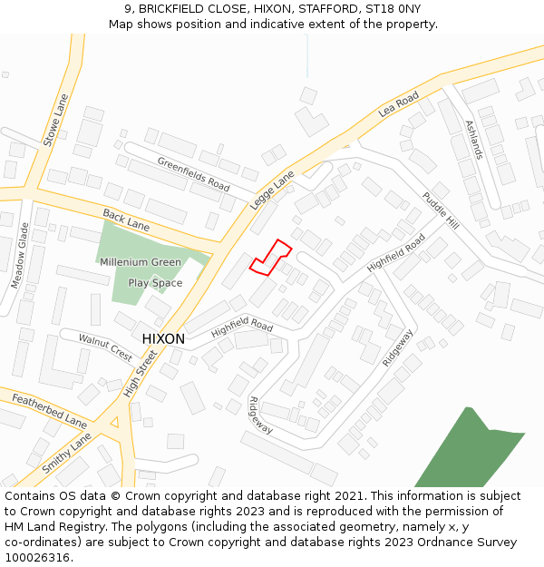 9, BRICKFIELD CLOSE, HIXON, STAFFORD, ST18 0NY: Location map and indicative extent of plot